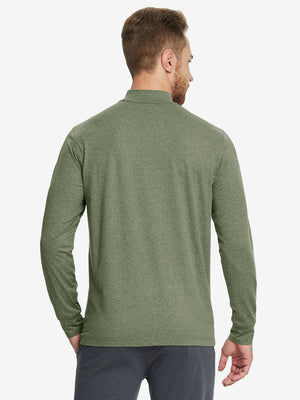Model holding a golf club while wearing the Olive Green Heather Long Sleeve Mock Turtleneck Shirt.