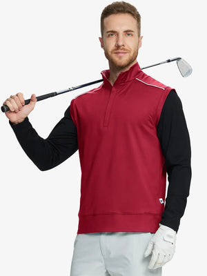 Half-body front view of model holding golf club wearing RED Stretch Solid Fleece Quarter-Zip Vest.								
