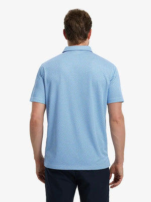 BLUE WHITE Your Favorite Jacquard Polo back view, half body of model