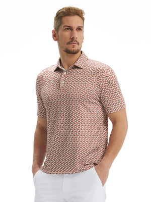 Front waist-up shot of model wearing brick white flower performance quick dry print golf polos
