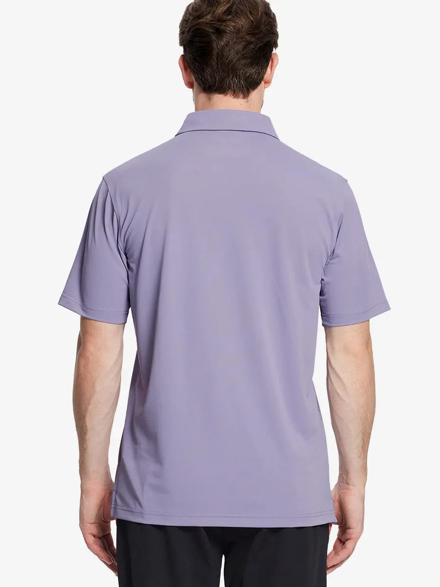 Back view half-body of model in LAVENDER Ventilated Pique Performance Polo