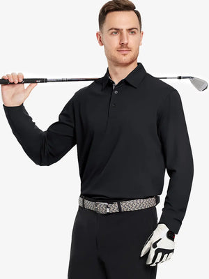 Model showcasing the black long sleeve pique polo, holding a golf club, emphasizing its modern design