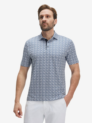Male model front upper body wearing Performance quick dry print golf polos, sleek white navy clouds look