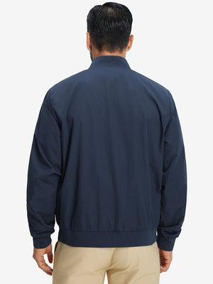 Back view of casual windproof bomber jacket on model, showcasing navy detail and shape
