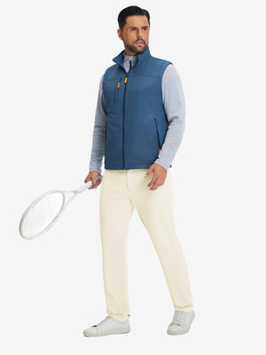 Model holding a tennis racket, wearing khaki light soft lightweight casual golf pants with 5 pockets.