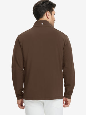 Back view of lightweight casual fleece jacket with 5 pockets, model in coffee brown, relaxed fit