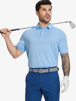 Half-body front view of model holding golf club wearing BLUE HEATHER Premium Stretch Heather Polo.