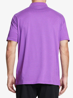 Rear half-body shot of Cooling Stripe Golf Shirt in LILAC STRIPE, showcasing stripe alignment and fit