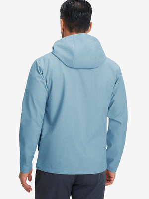 Back upper-body view of reflective hooded softshell jacket on model, shown in misty blue.