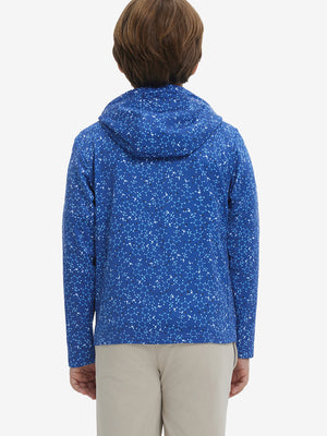 Back upper body view of model wearing youth full print stylish hoodies pullover, blue molecular structure.