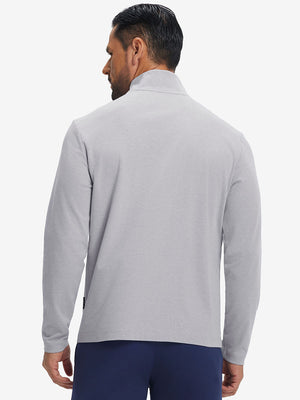 Back view showing fit of two tone pique cotton blend q-zip in light grey