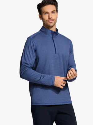 Half-body front view of model wearing Pinstripe Quarter Zip Pullover – GREY BLUE MELANGE