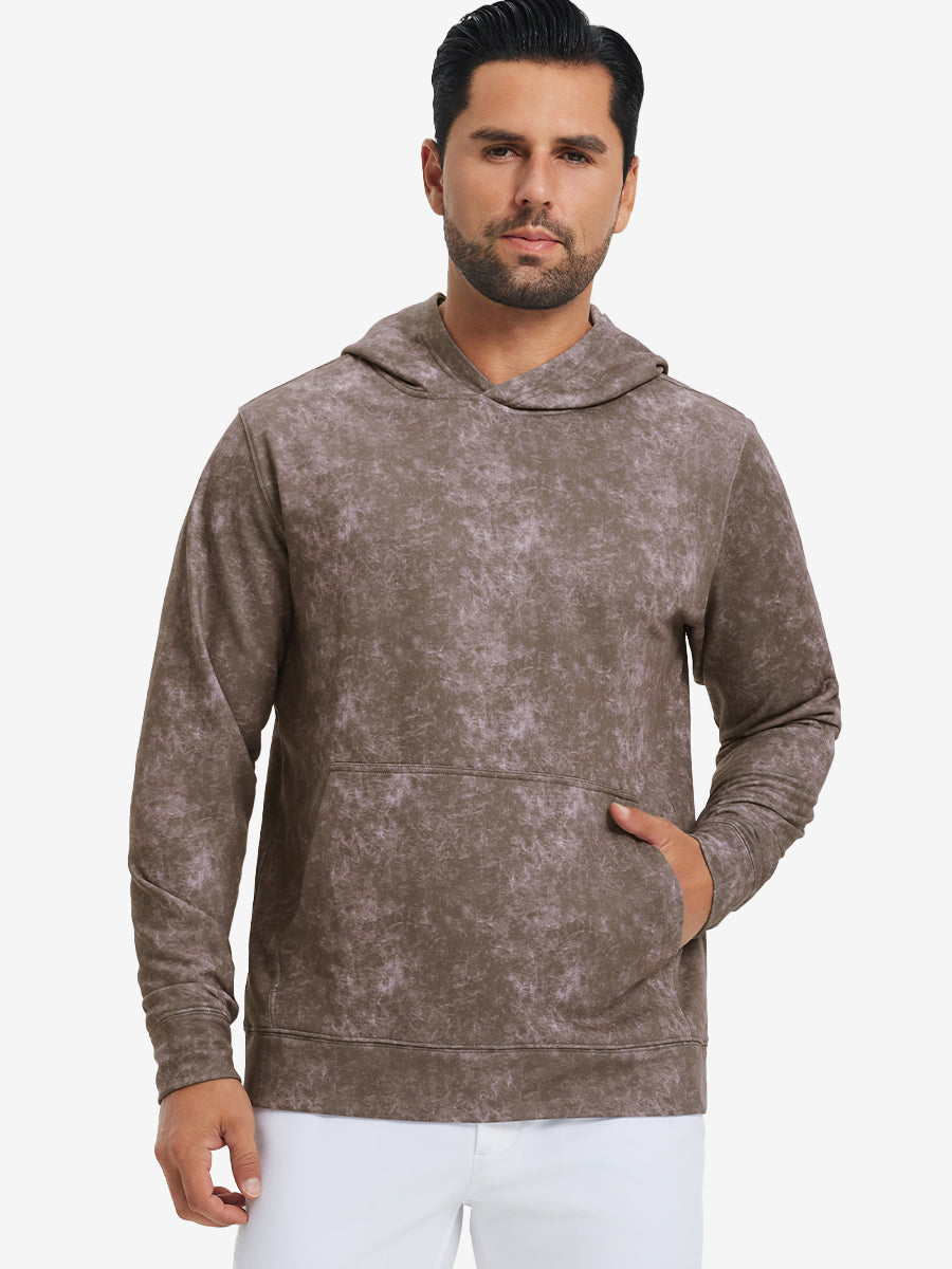 Model in grey brown exclusive print kangaroo hoodies with hands in pocket, relaxed front upper view.