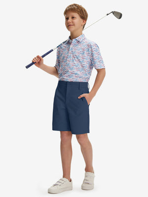 Full front: model in dark blue boys lightweight dry fit flat front golf shorts holding golf club.