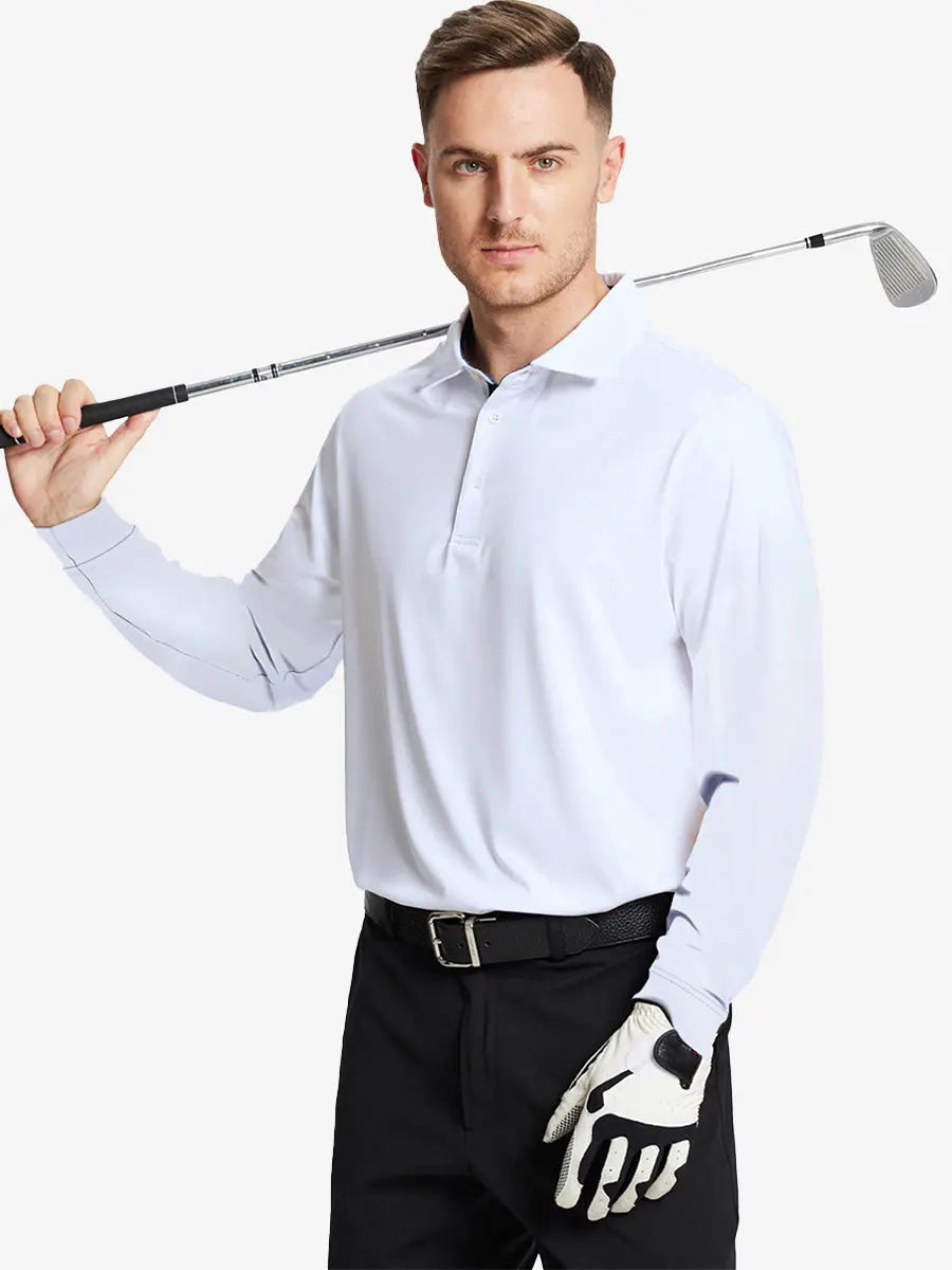 Model in WHITE Long Sleeve Solid Jersey Polo holding golf club with confident front pose