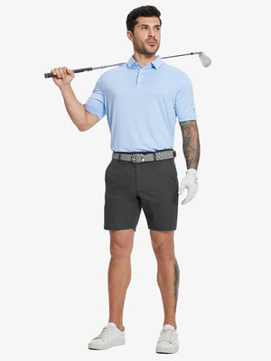 Full-body front view of model holding golf club wearing DARK GREY Water Resistant Versatile 8 Pockets Shorts.