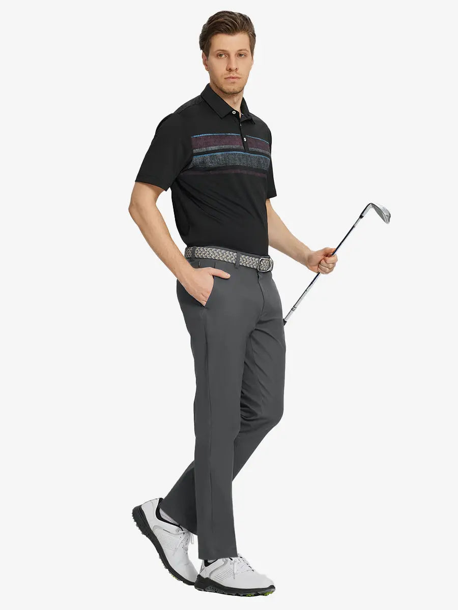 Full body front view of model wearing DARK GREY Water Resistant Everyday Pants, holding a golf club