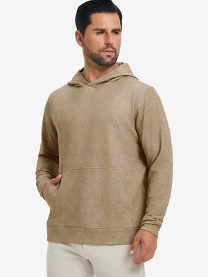 Model in khaki brown exclusive print kangaroo hoodies with hands in pocket, relaxed front upper view.