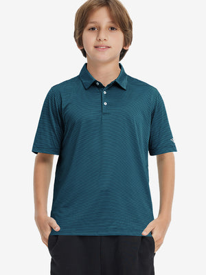 Front upper view of Kids stripe golf polos showing crisp stripes in turquoise stripe