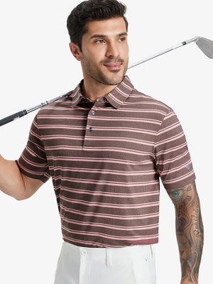 Half-body front view of model holding golf club wearing WINE RED STRIPE Performance Yarn Dye Striped Polo