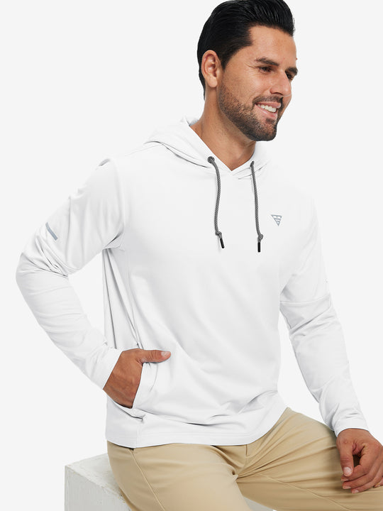 Model sitting with one hand in pocket wearing casual solid fleece hoodies pullover in white.