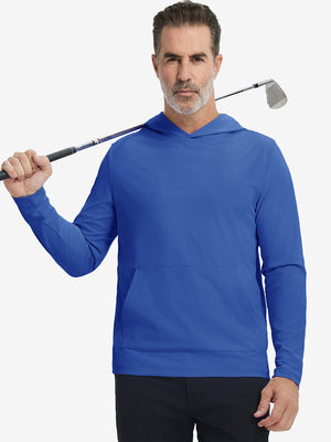 Model holding golf club, wearing dry fit stretchy sweatshirts hoodie in klein blue, sporty and casual.