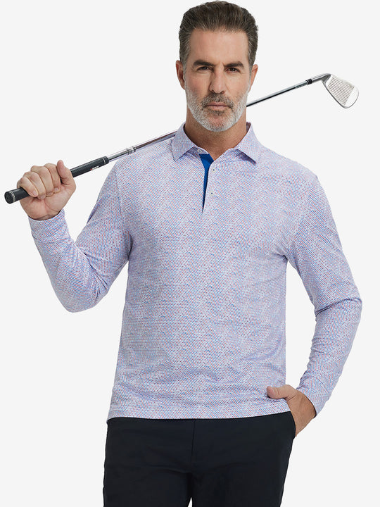 Model holding golf club, wearing lightweight print long sleeve polo in colourful hexagon, casual sporty fit.