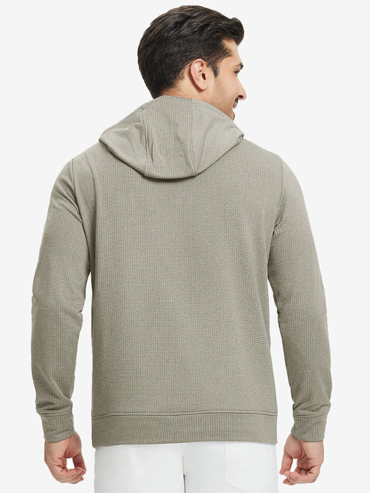 Back upper view of model in warm fleece golf hoodies pullover  dust beige.
