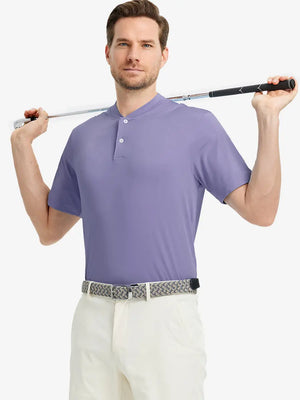 Front half-body view holding a golf club in Everyday Collarless Jersey Shirt in LAVENDER.