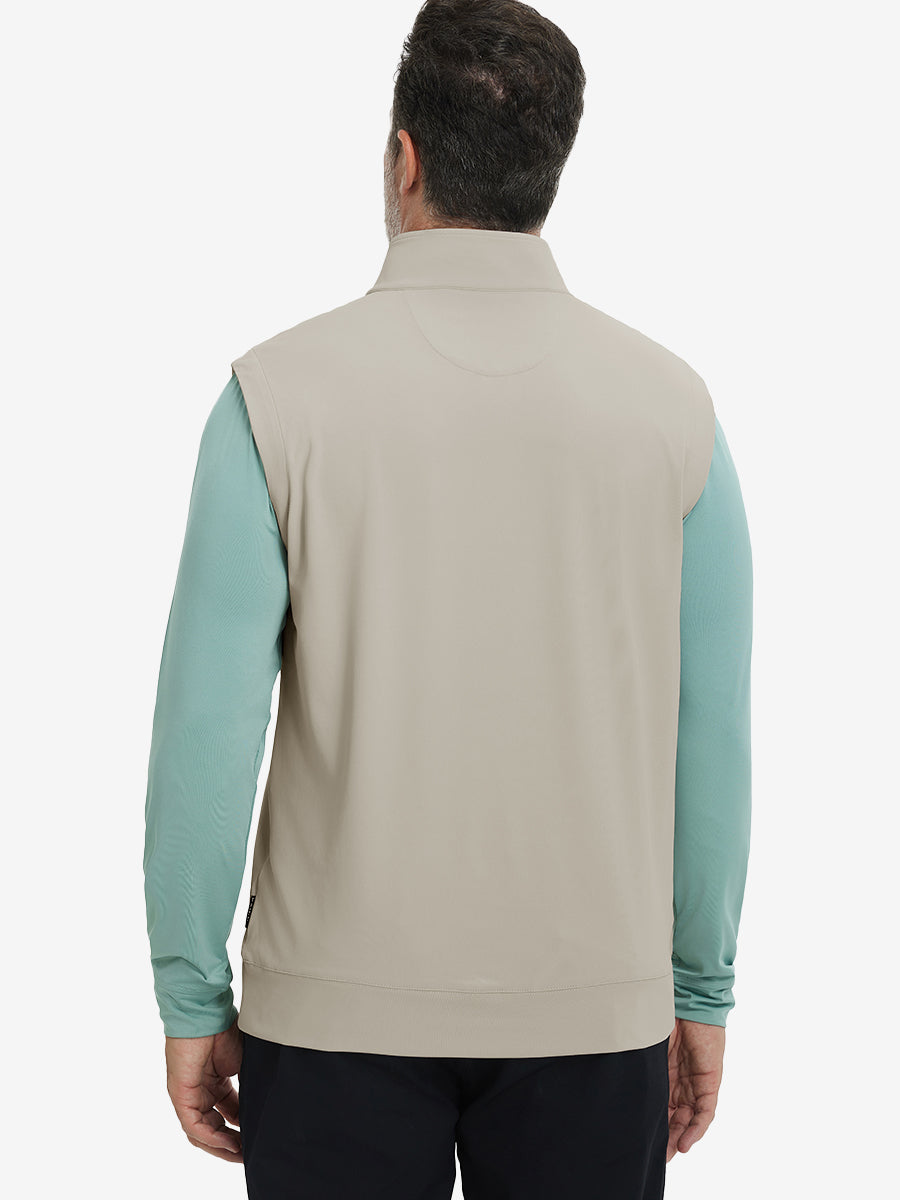 Back upper body view of the khaki light print collar quarter zip golf vest, clean cut and relaxed posture.