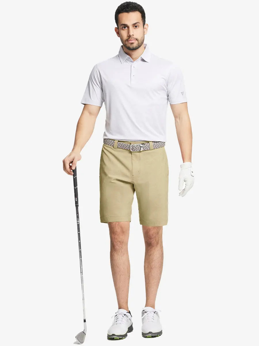 Full body front view of model wearing KHAKI 9 Inch Heather Performance Golf Shorts, holding a golf club