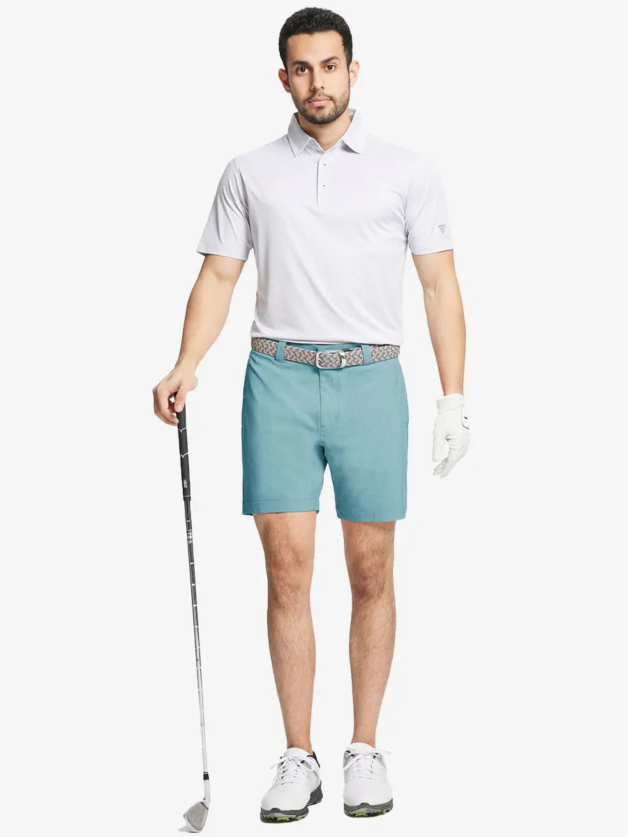 Full body front view of model wearing BLUE LIGHT Heather Performance Golf Shorts, holding a golf club