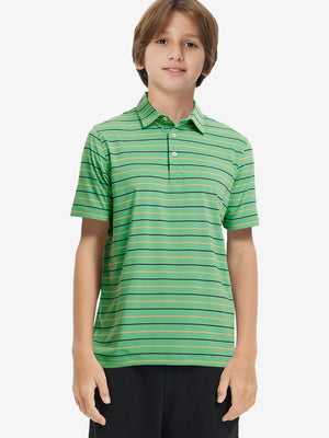 Front upper body of model wearing kids stylish stripe polo shirts, playful stripes with green stripe detail