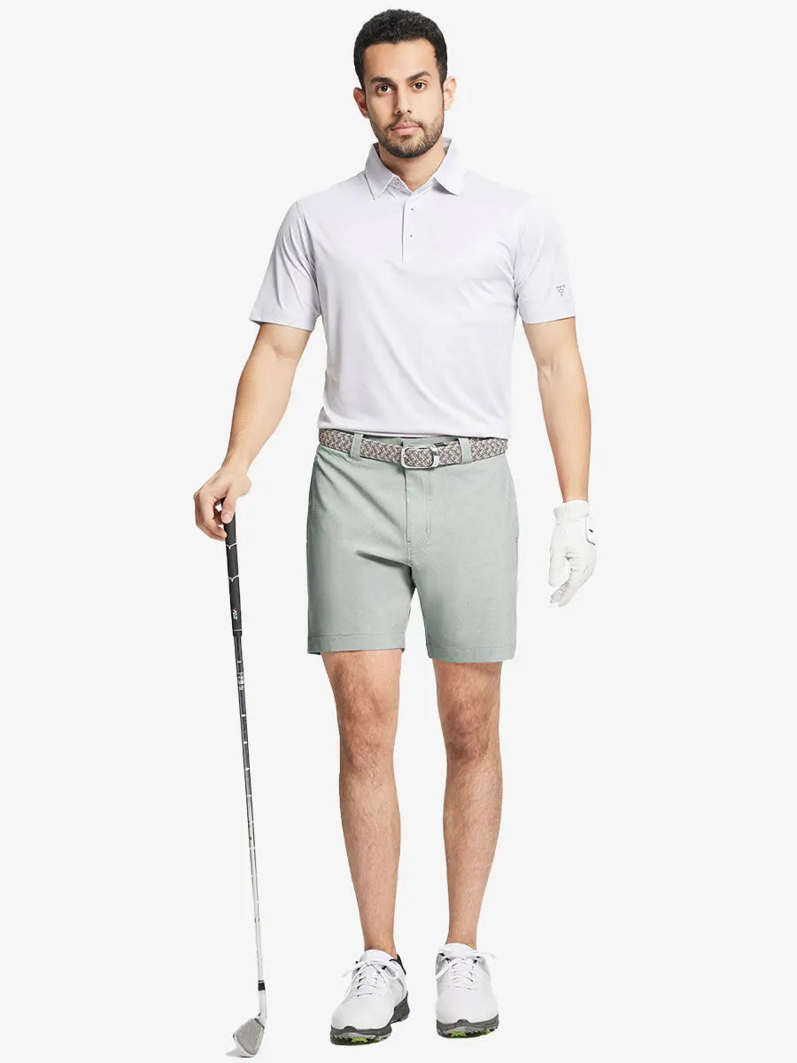 Full body front view of model wearing GLACIER GREY 7 Inch Heather Performance Golf Shorts, holding a golf club
