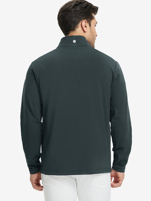 Back view of lightweight casual fleece jacket with 5 pockets, model in dark grey, relaxed fit