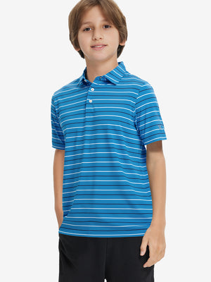 Front upper body of model wearing kids stylish stripe polo shirts, playful stripes with classic blue stripe detail