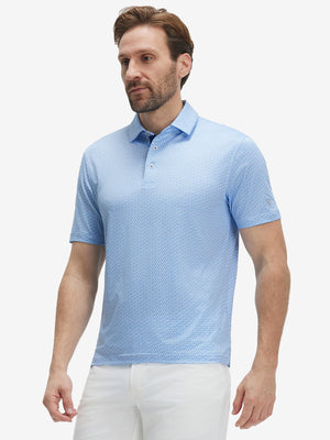 Front waist-up shot of model wearing sky blue flower performance quick dry print golf polos