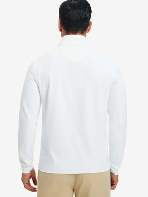 Back upper body view of the white navy stripe lightweight golf pullover, model turns head slightly with ease.