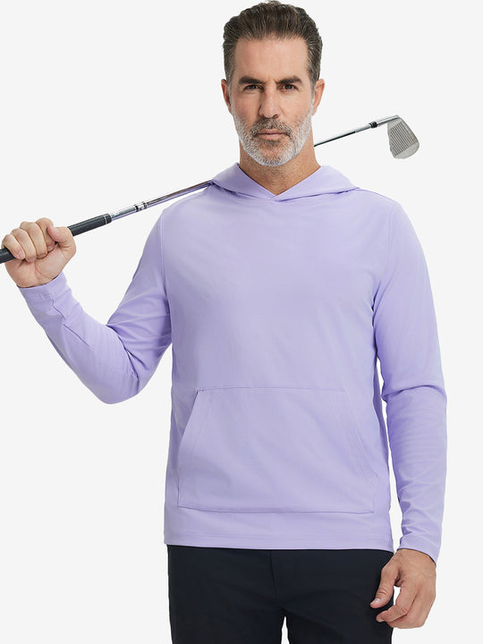 Model holding golf club, wearing dry fit stretchy sweatshirts hoodie in lavender, sporty and casual.