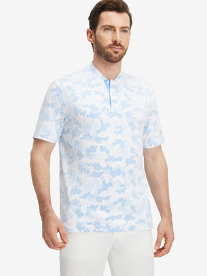 Front half-body of model in sky blue camo  stretch printed collarless henley golf shirts