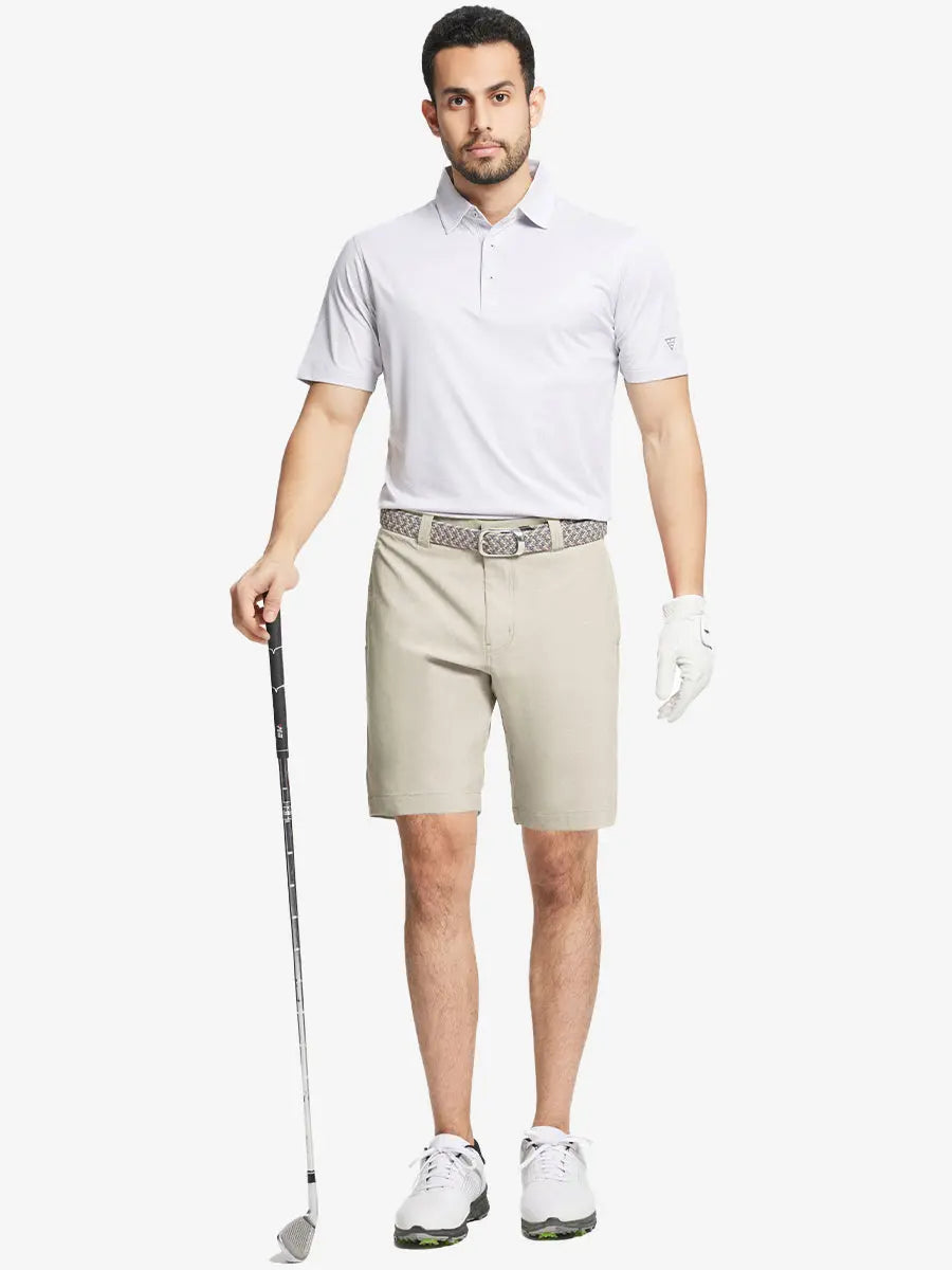 Full body front view of model wearing DARK BLUE 9 Inch Heather Performance Golf Shorts, holding a golf club