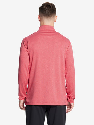 Back half-body view, model showcasing fit of RED MELANGE Moisture Wicking Quarter Zip Pullover.