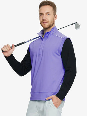 Half-body front view of model holding golf club wearing LAVENDER Stretch Solid Fleece Quarter-Zip Vest.								
