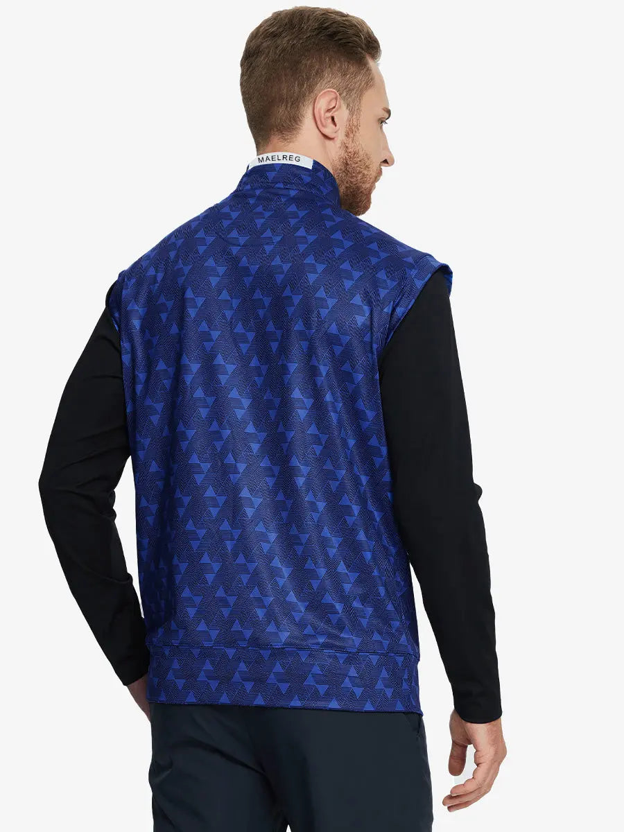 Back half-body view of model in MARINA BLUE GEO Stretch Solid Fleece Quarter-Zip Vest.								
