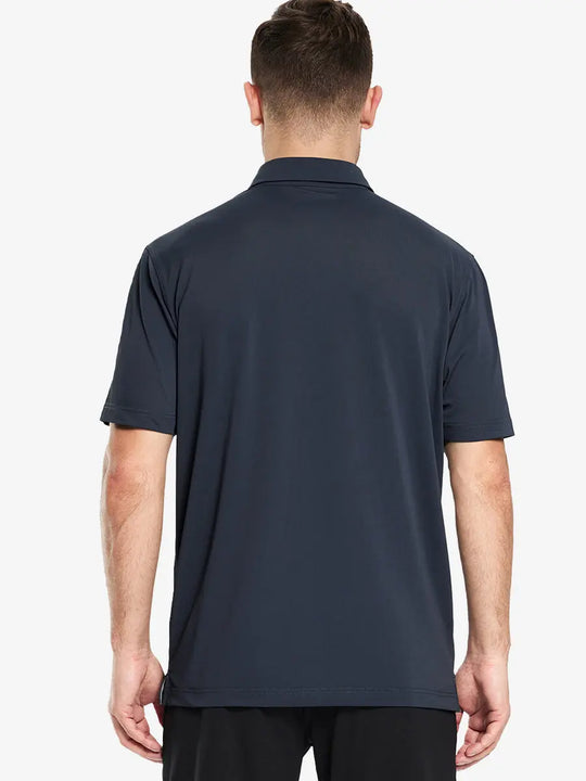 Back view half-body of model in DARK GREY Ventilated Pique Performance Polo
