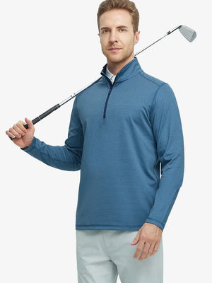 Half-body front view of model holding golf club in Pinstripe Quarter Zip Pullover – DARK BLUE MELANGE