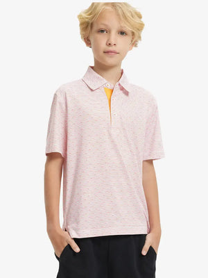 Front half-body shot of boy model in ORANGE SEA WAVE Performance Print Boys Golf Polo, ready to play