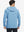 Back upper body view of the light blue melange classic heather hoodie, model turns head slightly with ease.
