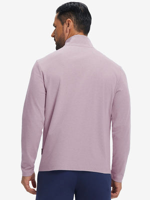 Back view showing fit of two tone pique cotton blend q-zip in red
