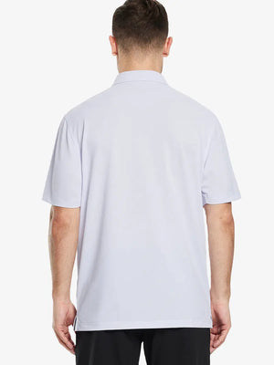 Back view half-body of model in WHITE Ventilated Pique Performance Polo